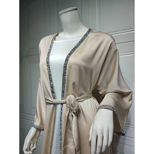 Kimono Abaya Dress Kaftan, Diamond Embellished Apricot Open Abaya With Belt, Modest Outwear