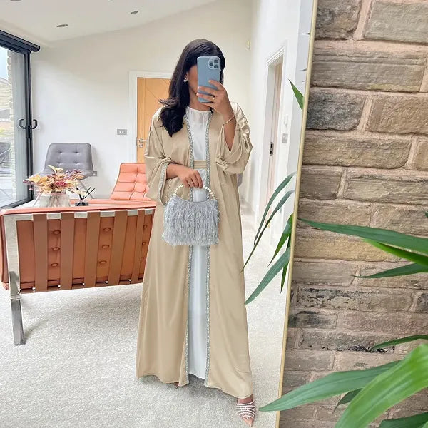 Kimono Abaya Dress Kaftan, Diamond Embellished Apricot Open Abaya With Belt, Modest Outwear