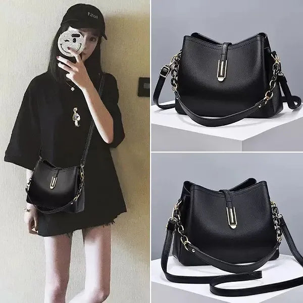 Elegant Black Leather Adjustable Strap Handbag