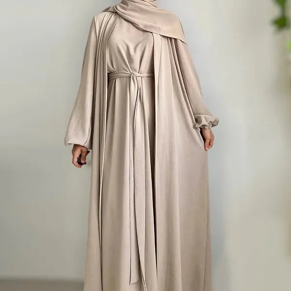 Elegant Beige Long-Sleeve Maxi Abaya Dress With Belt