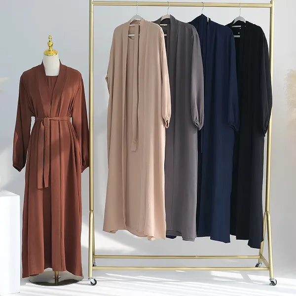 Elegant Beige Long-Sleeve Maxi Abaya Dress With Belt