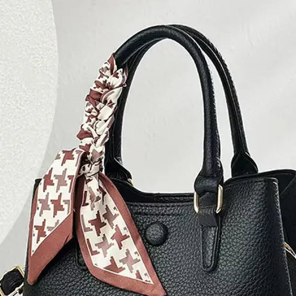 Black Bow Lychee-Pattern Handbag with Strap