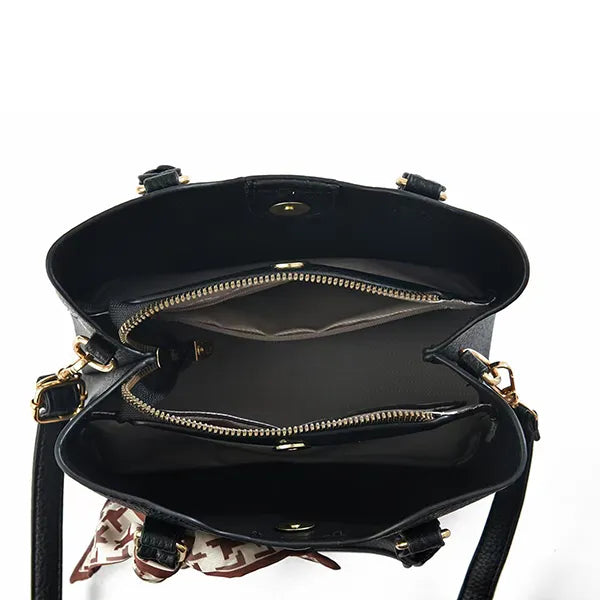 Black Bow Lychee-Pattern Handbag with Strap