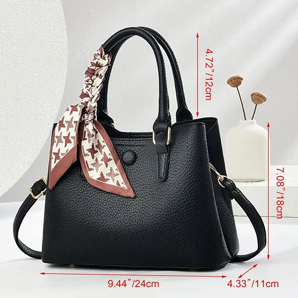 Black Bow Lychee-Pattern Handbag with Strap