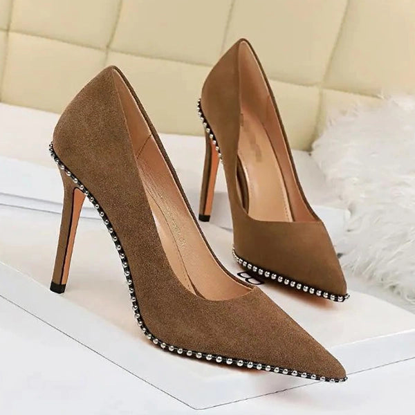 Khaki Suede Beaded Slip-On Pointed Heels