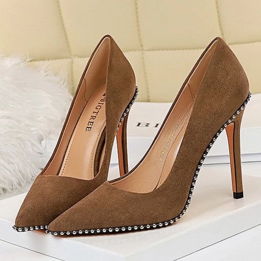Khaki Suede Beaded Slip-On Pointed Heels