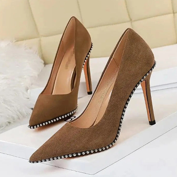 Khaki Suede Beaded Slip-On Pointed Heels