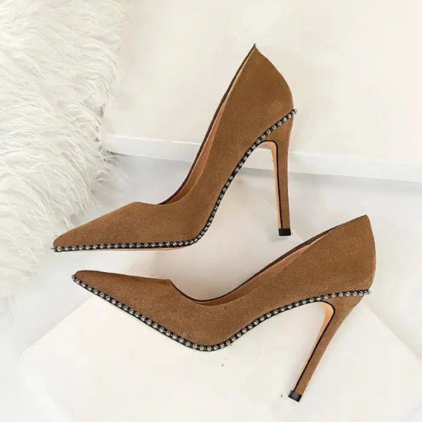 Khaki Suede Beaded Slip-On Pointed Heels