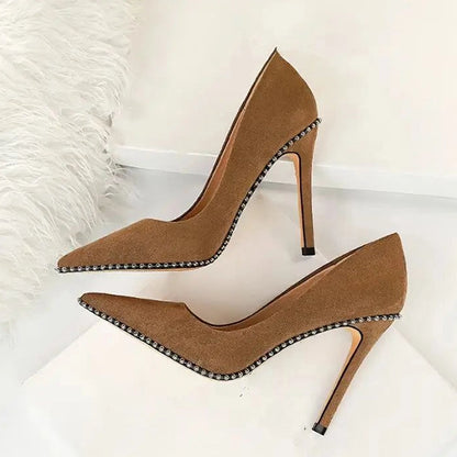 Khaki Suede Beaded Slip-On Pointed Heels
