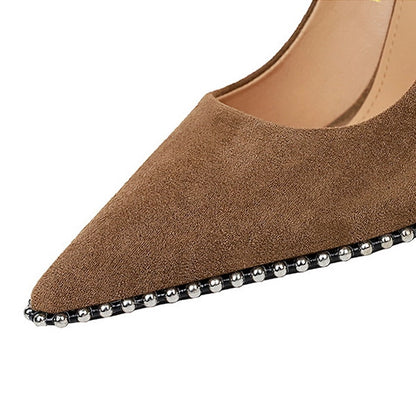 Khaki Suede Beaded Slip-On Pointed Heels