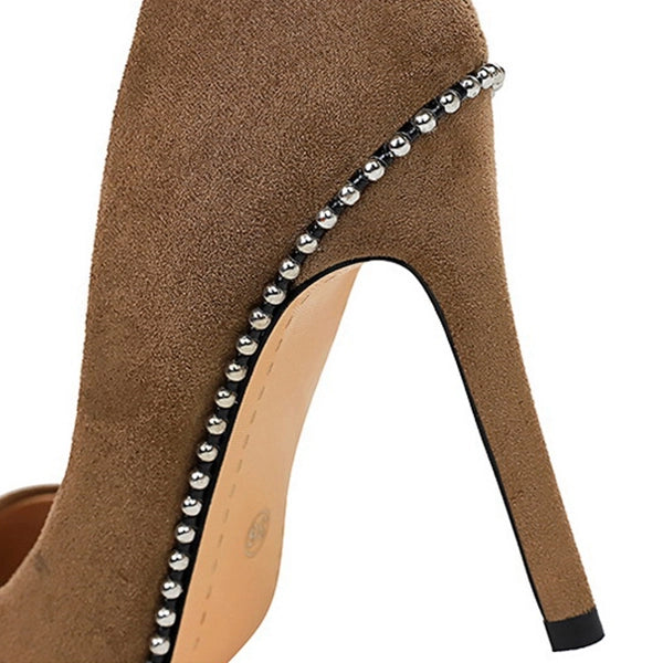 Khaki Suede Beaded Slip-On Pointed Heels