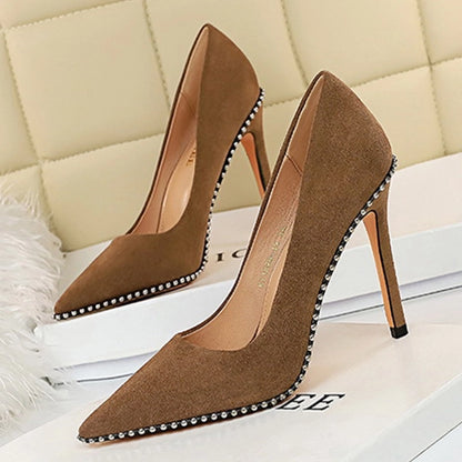 Khaki Suede Beaded Slip-On Pointed Heels