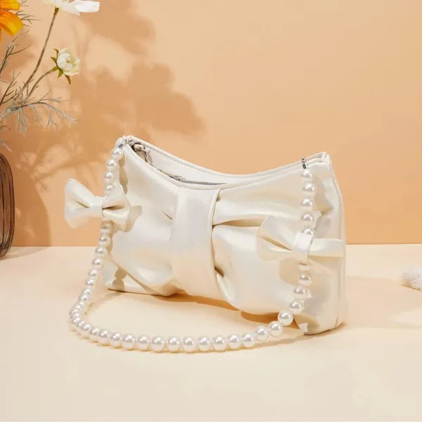 Elegant Pearl Strap Satin Clutch Bag