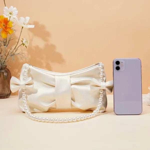 Elegant Pearl Strap Satin Clutch Bag