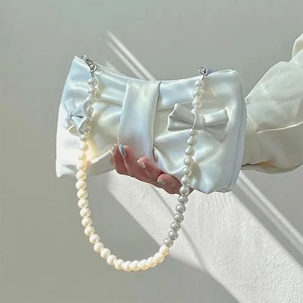 Elegant Pearl Strap Satin Clutch Bag
