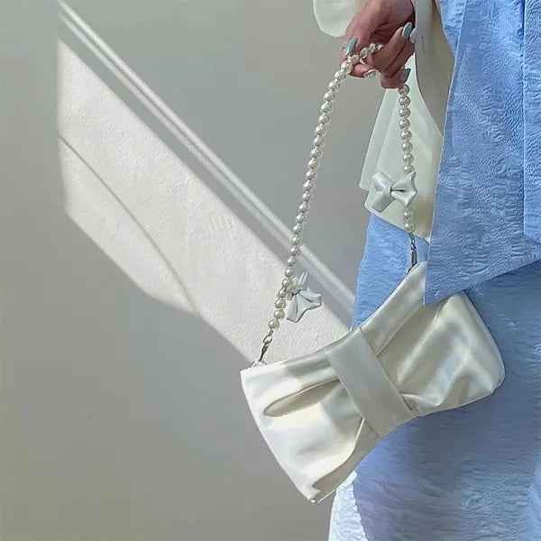 Elegant Pearl Strap Satin Clutch Bag