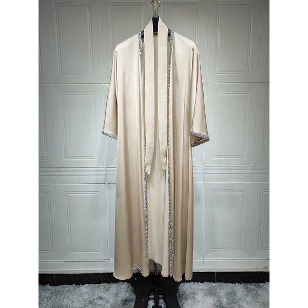 Kimono Abaya Dress Kaftan, Diamond Embellished Apricot Open Abaya With Belt, Modest Outwear