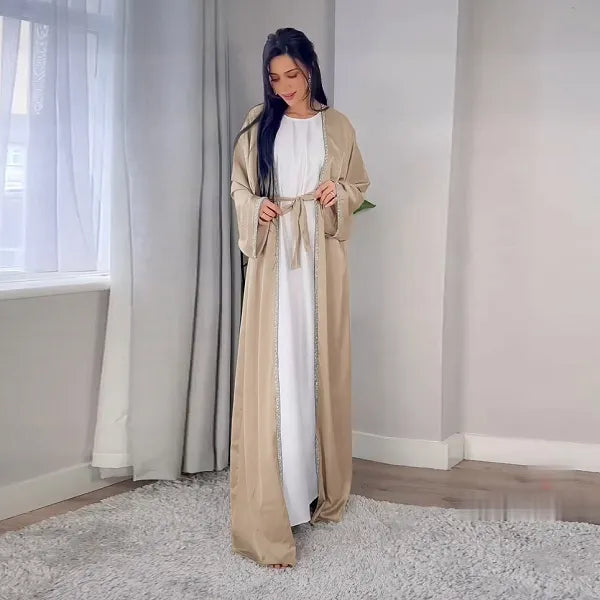 Kimono Abaya Dress Kaftan, Diamond Embellished Apricot Open Abaya With Belt, Modest Outwear