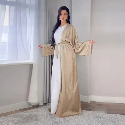 Kimono Abaya Dress Kaftan, Diamond Embellished Apricot Open Abaya With Belt, Modest Outwear