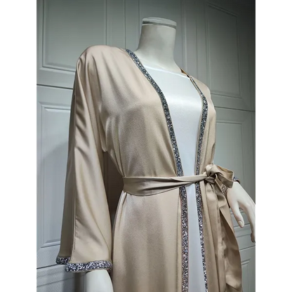 Kimono Abaya Dress Kaftan, Diamond Embellished Apricot Open Abaya With Belt, Modest Outwear