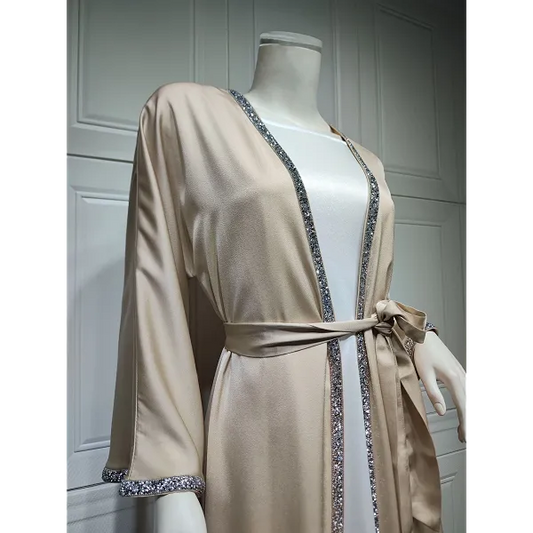 Kimono Abaya Dress Kaftan, Diamond Embellished Apricot Open Abaya With Belt, Modest Outwear