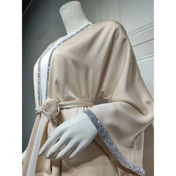 Kimono Abaya Dress Kaftan, Diamond Embellished Apricot Open Abaya With Belt, Modest Outwear