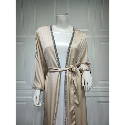 Kimono Abaya Dress Kaftan, Diamond Embellished Apricot Open Abaya With Belt, Modest Outwear