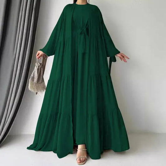 Long Sleeves Maxi Length Round Neck Abaya Dress With Attractive Ruffle Hem Cardigan