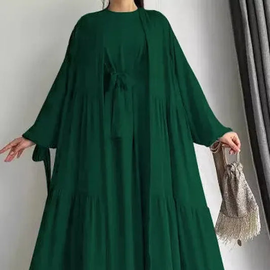 Long Sleeves Maxi Length Round Neck Abaya Dress With Attractive Ruffle Hem Cardigan
