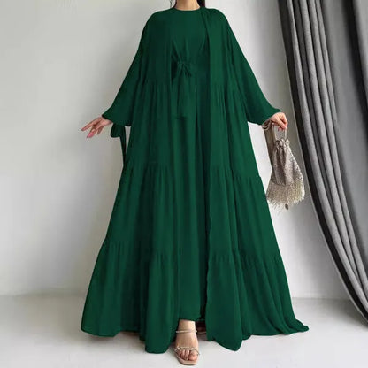 Long Sleeves Maxi Length Round Neck Abaya Dress With Attractive Ruffle Hem Cardigan