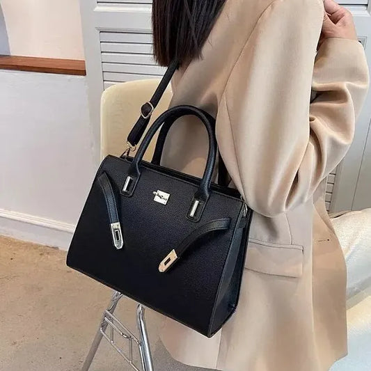 Two Pieces Elegant Black Leather Handbags Set