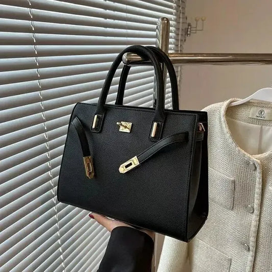 Two Pieces Elegant Black Leather Handbags Set