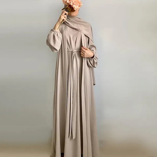 Elegant Beige Long-Sleeve Maxi Abaya Dress With Belt