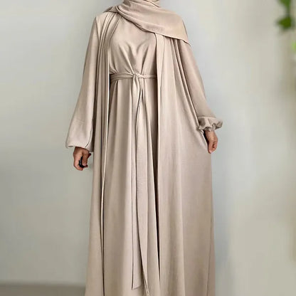 Elegant Beige Long-Sleeve Maxi Abaya Dress With Belt