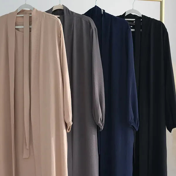 Elegant Beige Long-Sleeve Maxi Abaya Dress With Belt