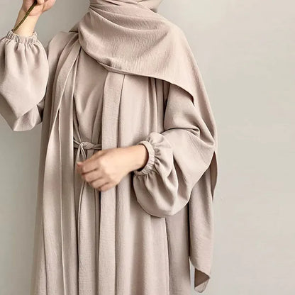 Elegant Beige Long-Sleeve Maxi Abaya Dress With Belt