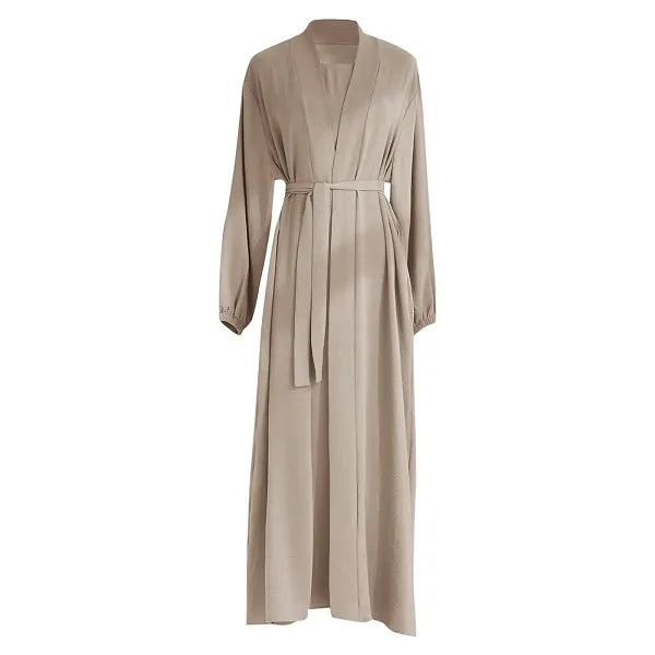 Elegant Beige Long-Sleeve Maxi Abaya Dress With Belt