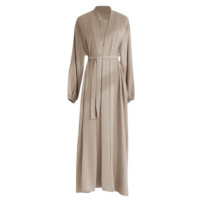 Elegant Beige Long-Sleeve Maxi Abaya Dress With Belt