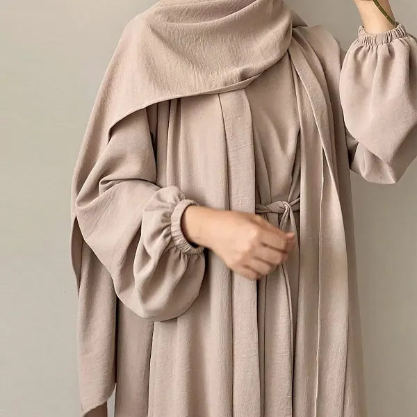 Elegant Beige Long-Sleeve Maxi Abaya Dress With Belt