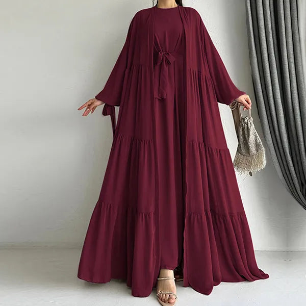 Long Sleeves Maxi Length Round Neck Abaya Dress With Attractive Ruffle Hem Cardigan