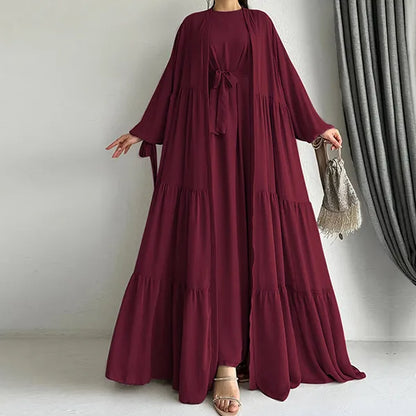 Long Sleeves Maxi Length Round Neck Abaya Dress With Attractive Ruffle Hem Cardigan
