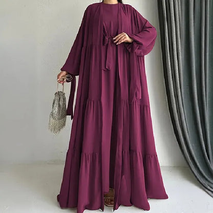 Long Sleeves Maxi Length Round Neck Abaya Dress With Attractive Ruffle Hem Cardigan