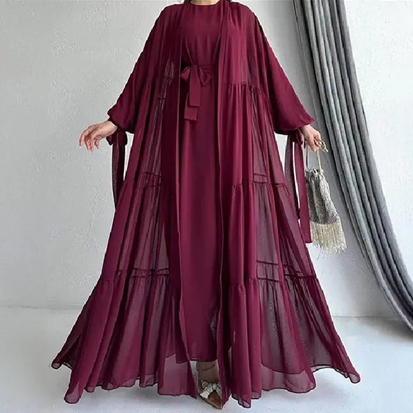 Long Sleeves Maxi Length Round Neck Abaya Dress With Attractive Ruffle Hem Cardigan