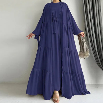 Long Sleeves Maxi Length Round Neck Abaya Dress With Attractive Ruffle Hem Cardigan