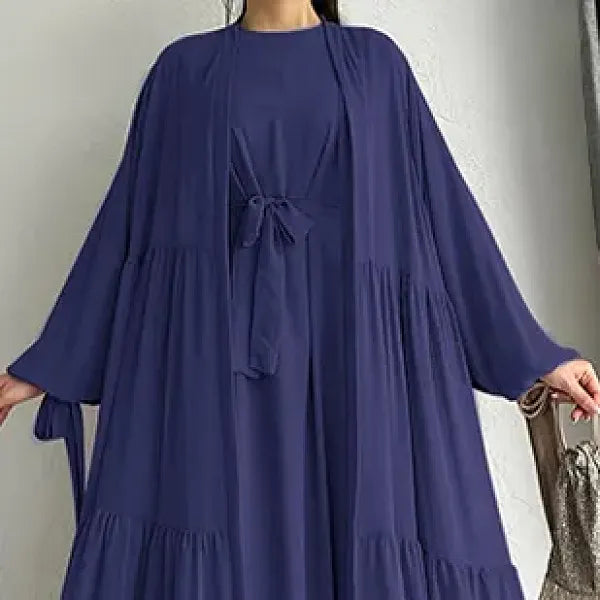 Long Sleeves Maxi Length Round Neck Abaya Dress With Attractive Ruffle Hem Cardigan