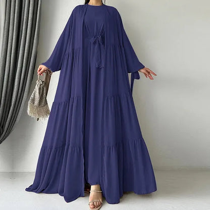Long Sleeves Maxi Length Round Neck Abaya Dress With Attractive Ruffle Hem Cardigan