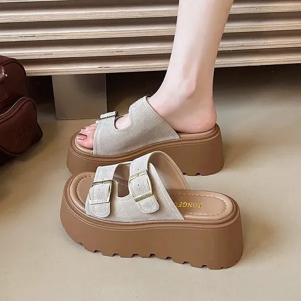 Buckle Design Khaki Color Women Flat form Sandals