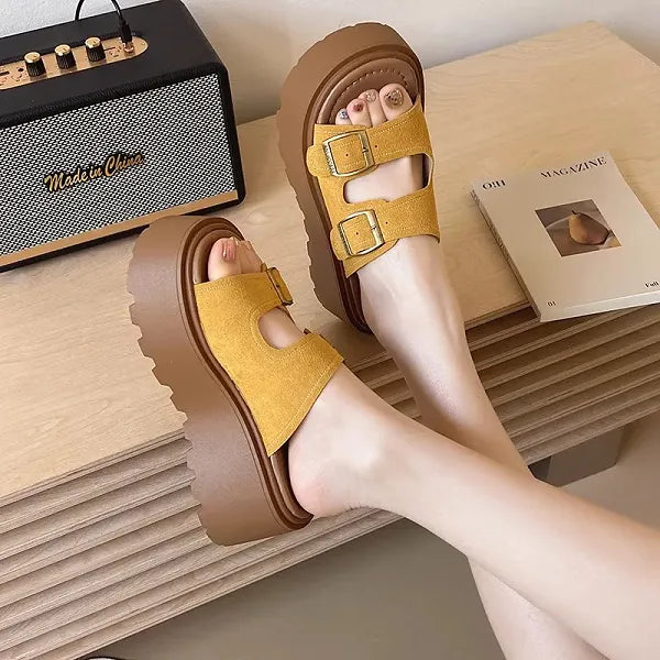 Buckle Design Khaki Color Women Flat form Sandals