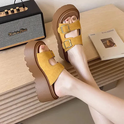 Buckle Design Khaki Color Women Flat form Sandals