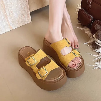 Buckle Design Khaki Color Women Flat form Sandals